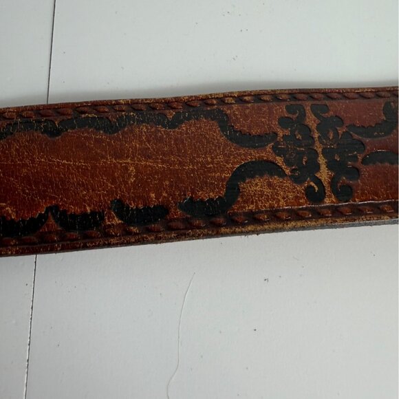 Rio Grande Western Tooled Belt Sz 38 Cognac Brown Steerhide Leather VTG Cowgirl - Picture 12 of 14